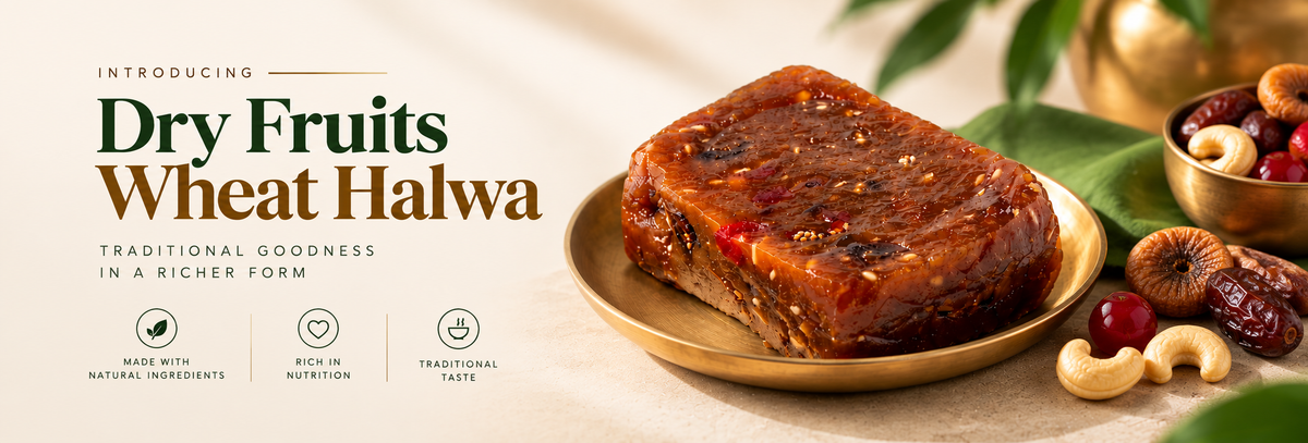 A rectangular piece of golden-brown halwa with red dried fruit pieces on a small gold plate, set on a light beige surface with nuts, green leaves, and decorative text reading 'Introducing Dry Fruits Wheat Halwa' on the left.