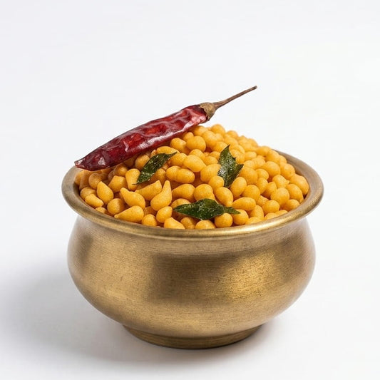 Kairpunnyam Kara Boondi snack in a bowl, crispy golden Indian snack, 200g pack, traditional savory Indian snack.